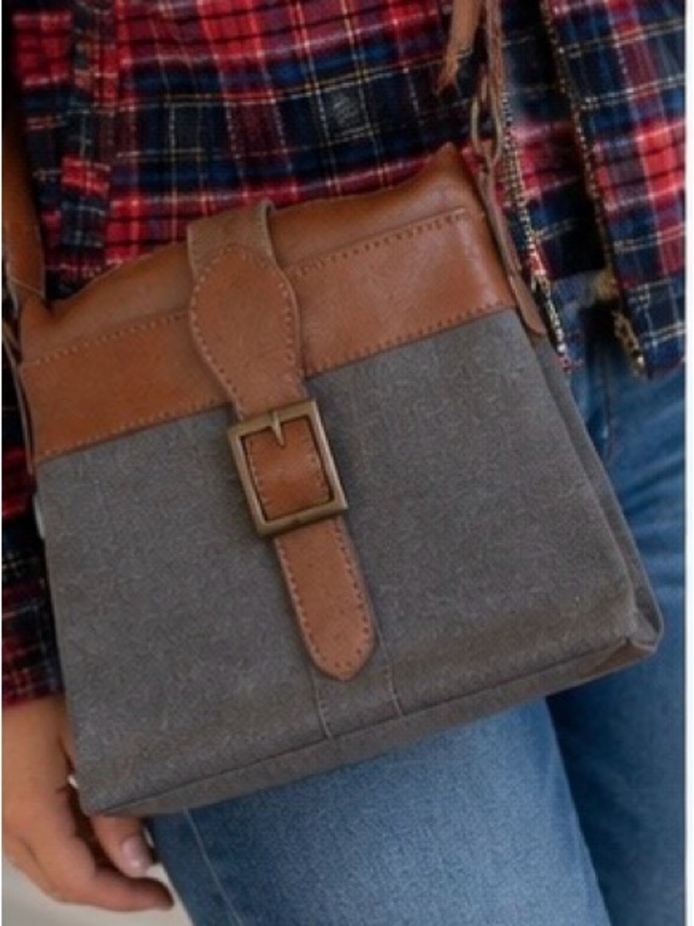 Mona B Brown Gray Leather Cotton crossbody Bag Lined Pockets New with tags